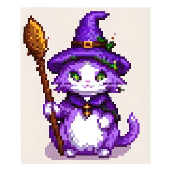 cute pixel art cat with purple fur and a witch's broom sticker