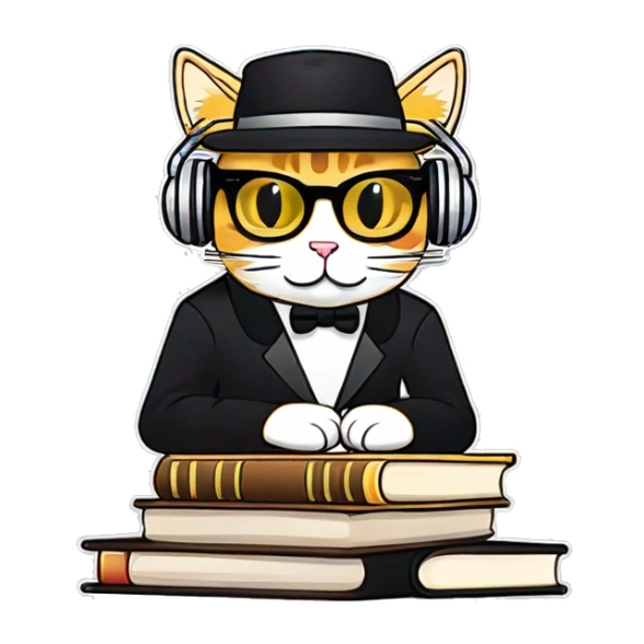 dj cat with many books and text sticker