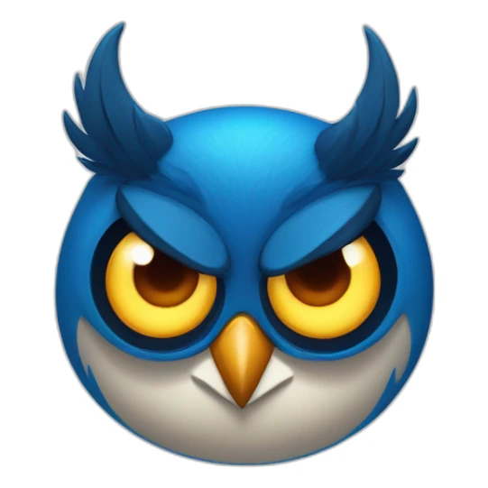 blue owl with with devil horns, a wide grin, and eyes and eyebrows scrunched downward, looks angry sticker