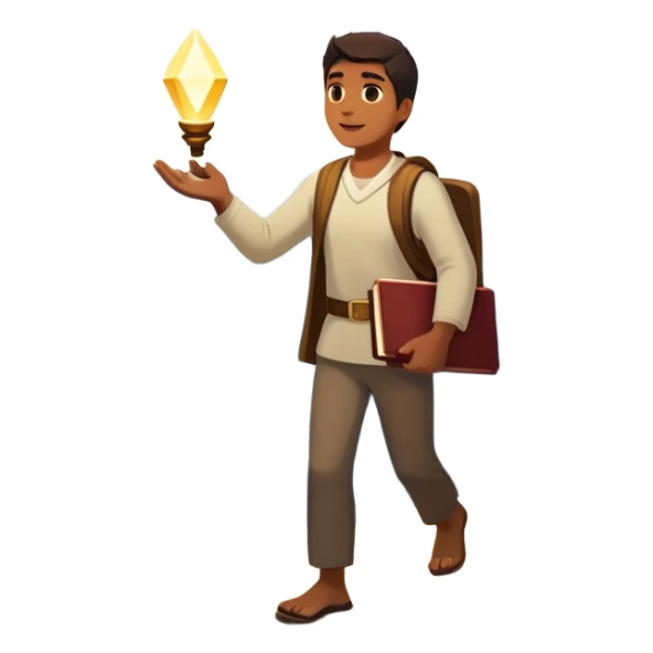 A man walks from darkness and inner conflict toward a glowing light in his chest, guided by intuition. Along the path, he passes through ambition and emptiness, then reaches a radiant mountaintop where healing transforms him into a fulfilled guide, holding a book and offering his hand to others. sticker