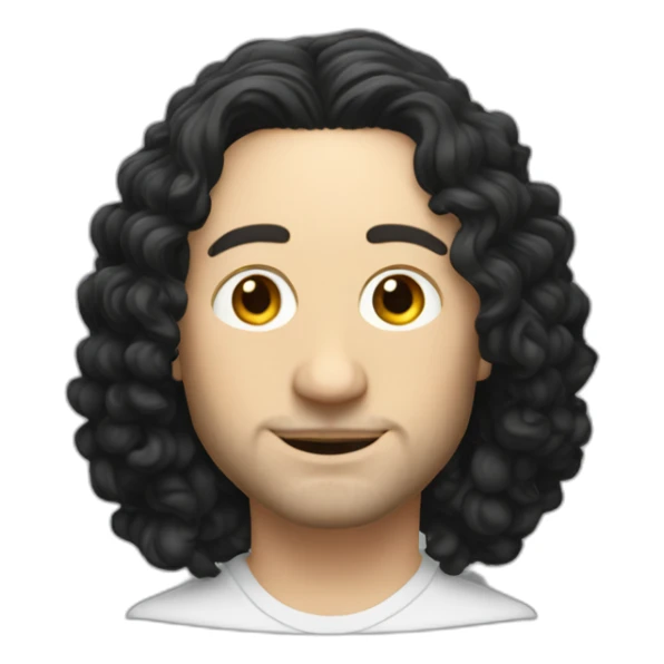 tim robinson with shoulder length curly black hair, wide triangular shape sticker