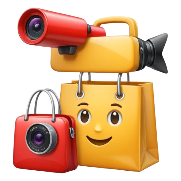 map pin with shopping bag and video camera, modern and bright, apple style emoji sticker