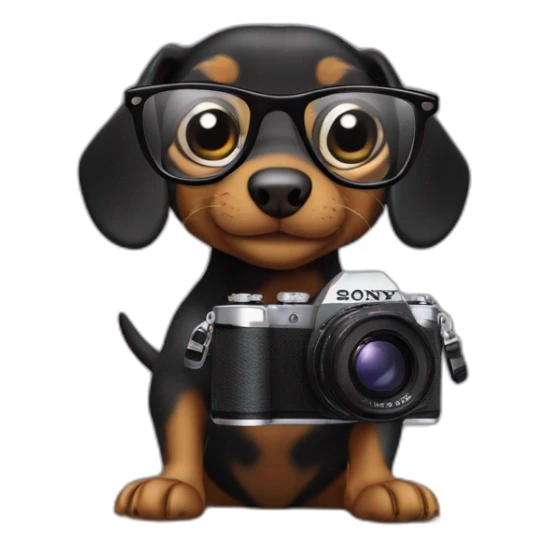 a black dachshund chipmunk with glasses holds a SONY camera in its paws medium plan sticker