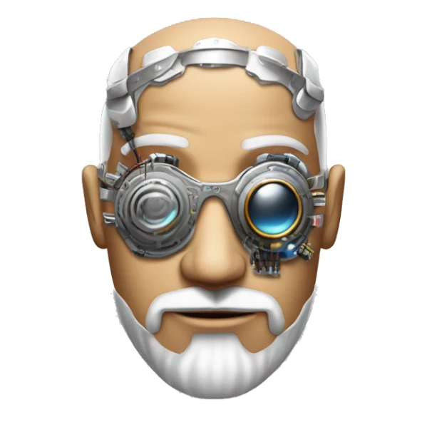 Tan bald male Latino cyborg head with grey beard, silver steampunk monocle goggles and circuits sticker