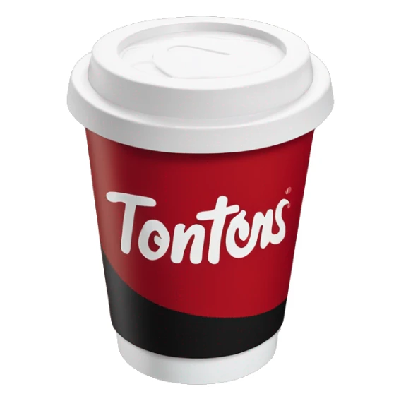 “Red Tim Hortons coffee cup with bold white script logo, black plastic lid, and smooth, minimalist design.” sticker