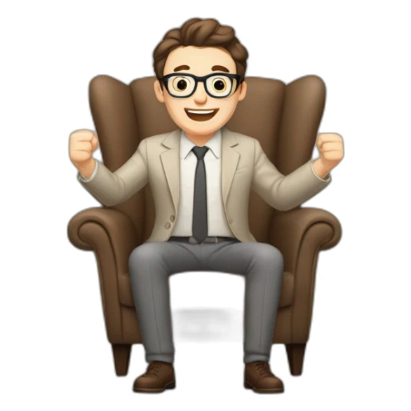 Joyful Celebrating victory Hands up Pale skinned Fit Man With dark brown hair in gray jacket, beige office shirt, Brown pants and vintage glasses sitting In a soft chair sticker