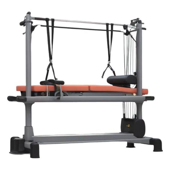 pilates reformer machine, with a grey bed and towers with straps that arent connected to the bed sticker