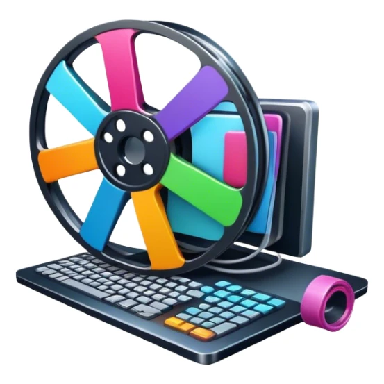 Create a vibrant and modern icon representing Animation and Motion Design, featuring elements like a film reel, a computer screen, and dynamic motion lines. The design should be visually engaging, colorful, and dynamic, without any emojis. The background must be transparent. sticker