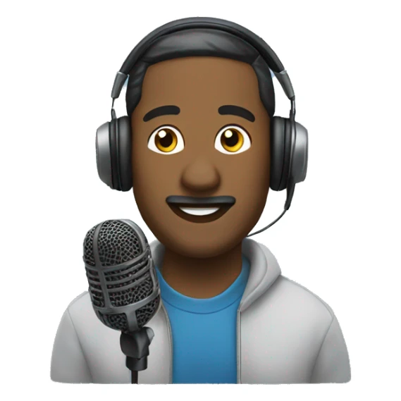 Man giving a podcast with a headphone and a mic sticker