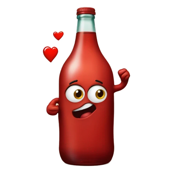 A red heart ❤️ with eyes, a mouth, and hands, looking tipsy and drunk, holding a bottle of drink in one hand, with a playful, wobbly expression sticker