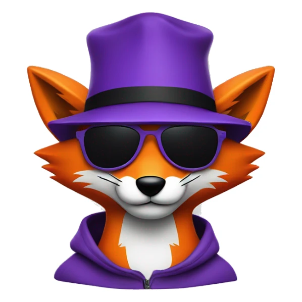 purple ad orange fox with wry smile, black sunglasses flat brim hat sticker