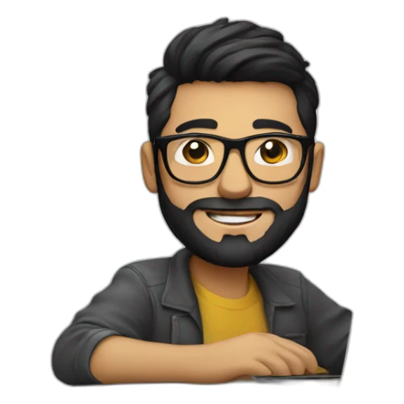 Designer with black hair, beard and glasses working with MacBook and drinking cappuccino  sticker