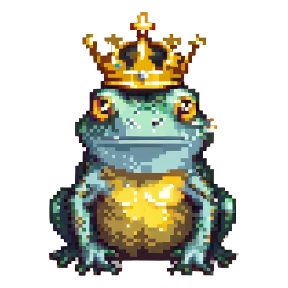 pixel art crowned frog wearing a large golden crown facing forward sticker