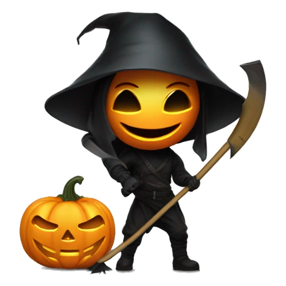 Human female pumpkin hunter with a scythe, glowing pumpkin eyes inside a black helmet, Halloween theme, emoji" sticker