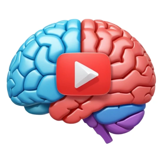 3D icon design, brain with YouTube play button symbol integrated into brain structure, glassmorphism style, soft shadows, gradient colors, modern app icon aesthetic, isometric view sticker