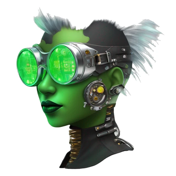 Neon green Mohawk hair Latina female cyborg head with silver steampunk goggles and circuits sticker