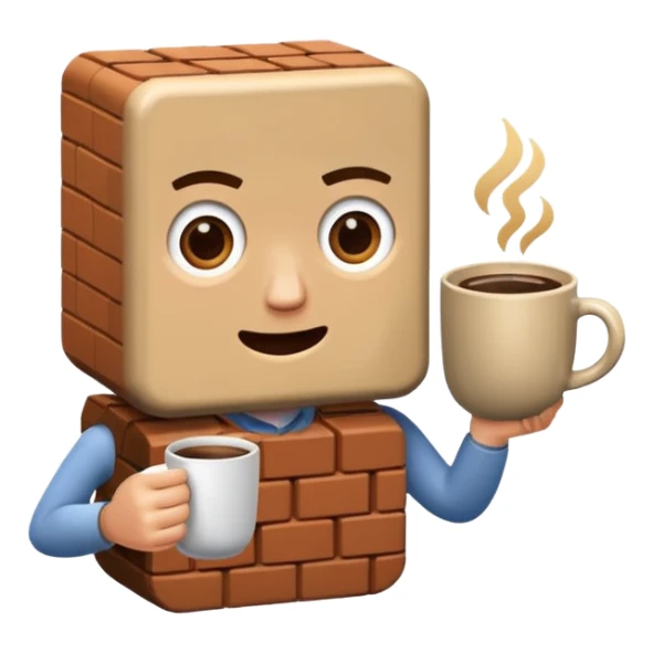 The talking brick is holding a mug of coffee in his hand sticker