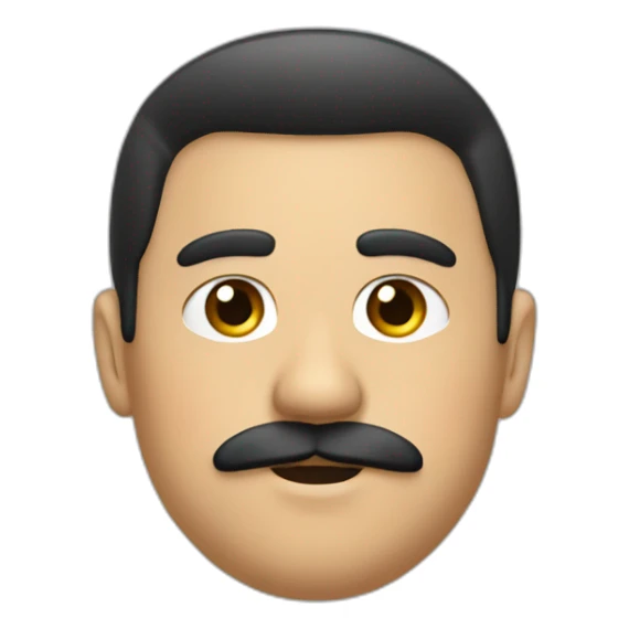 Fat, young, eye black, hair black, thin mustache think, sticker