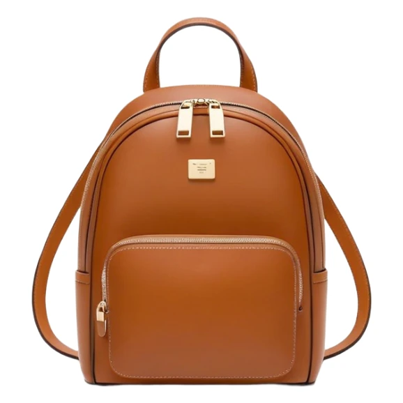 small cognac commuter leather backpack purse, women's, minimal aesthetic, plain, fashionable sticker