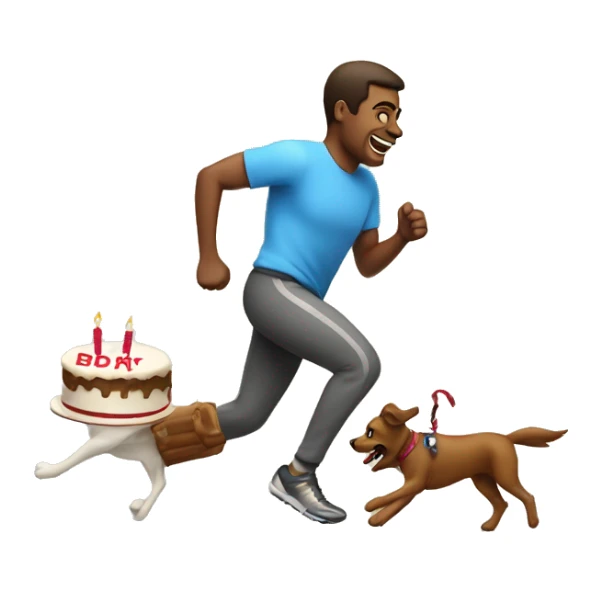 Happy man running a sprint with a birthday cake and walking his dog at the same time sticker