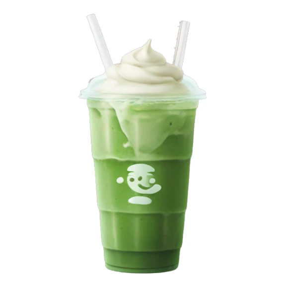 Iced matcha latte. Extra ice. No whipped cream. Lid. Straw. sticker