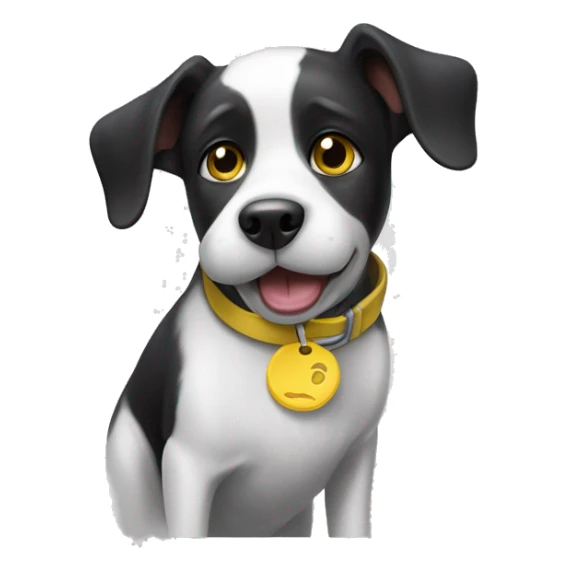 Black and white dog with one slightly floppy ear, and one year higher. She has a yellow collar with a round tag. Her mouth is closed. sticker
