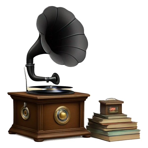 vintage gramophone with stack of vinyl records sticker