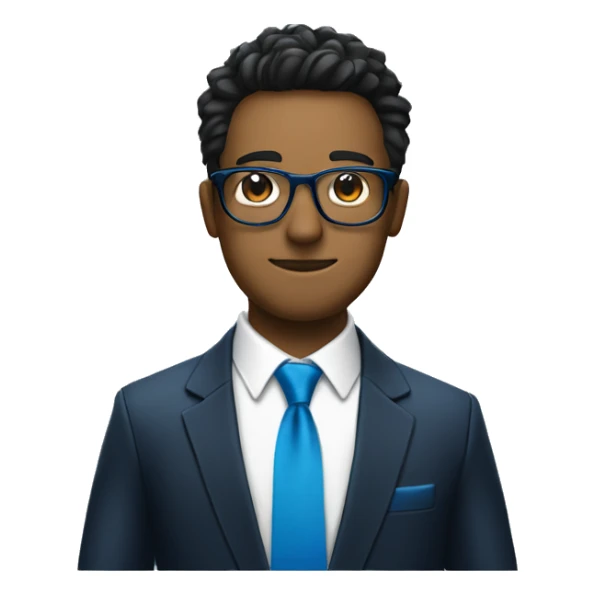 blue tie on formal suit with black glasses and a blue spike on his shoulder sticker