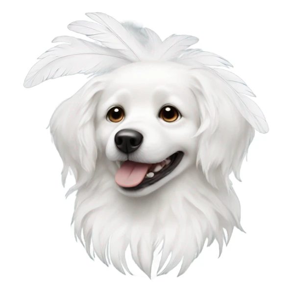 White dog with white feathers hanging out of its mouth sticker