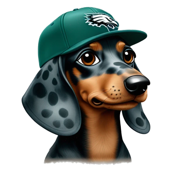 Miniature Blue and Tan Dapple Light Brown Spotted Dachshund wearing Philadelphia Eagles Hat with C on it sticker