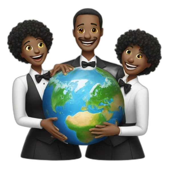 3 people in tuxedo laughing with their palms raised behind a miniature earth sticker
