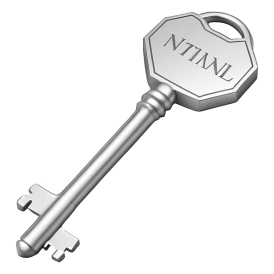 small silver metal key with hexagonal head and the word NATIONAL engraved, clean lines, soft silver tone, minimalistic and precise sticker