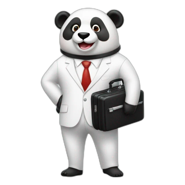 A professor with white suit and red tie and a panda face eating a hotdog and holding a black suitcase sticker