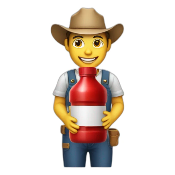 farmer with hat and red juice bottle sticker