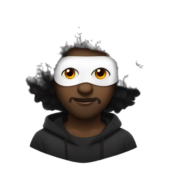 black haired guy with fluffy hair and a white winged eye mask with black on the inside and he has red eyes sticker