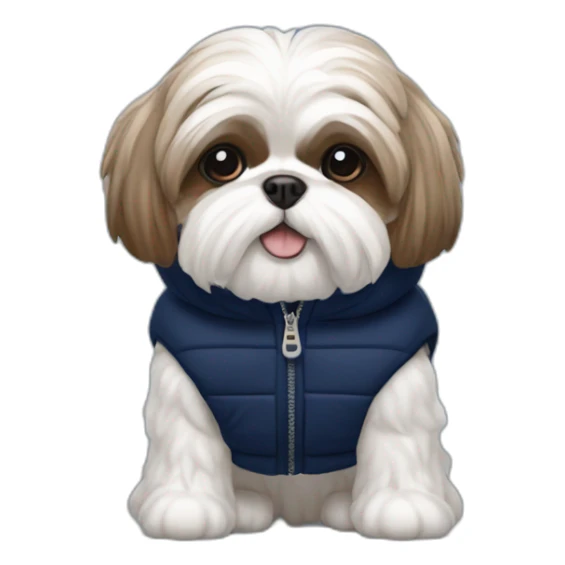 White and brown Shih tzu in sleeveless navy blue puffer jacket sticker