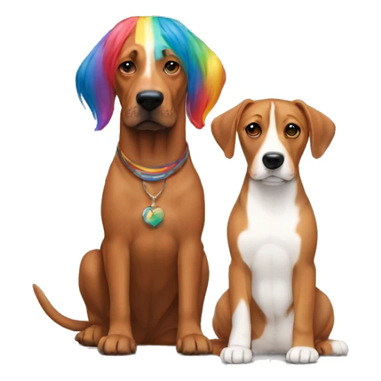 white male with rainbow colored hair alongside a brown rhodesian ridgeback sticker
