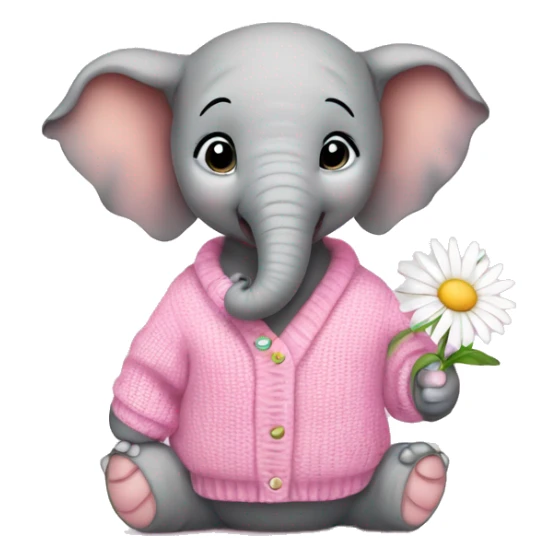 Baby elephant wearing pink sweater and holding daisy sticker