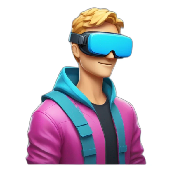 NFT emoji of Caucasian male wearing VR goggles, upper body sideways pose facing right. Bold outlines, vibrant colors, futuristic/techy style. Simple background. sticker