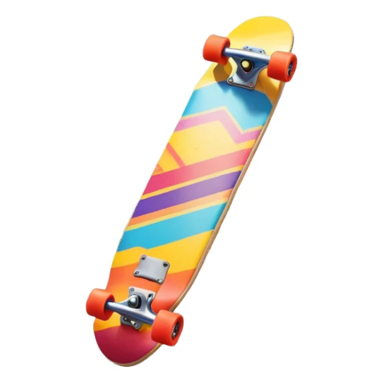 An icon featuring a colorful skateboard resting on a smooth pavement. The background shows a sunny park with trees, a clear sky, and a lively atmosphere. The skateboard's deck is decorated with vibrant designs, emphasizing its dynamic style. Transparent background  sticker