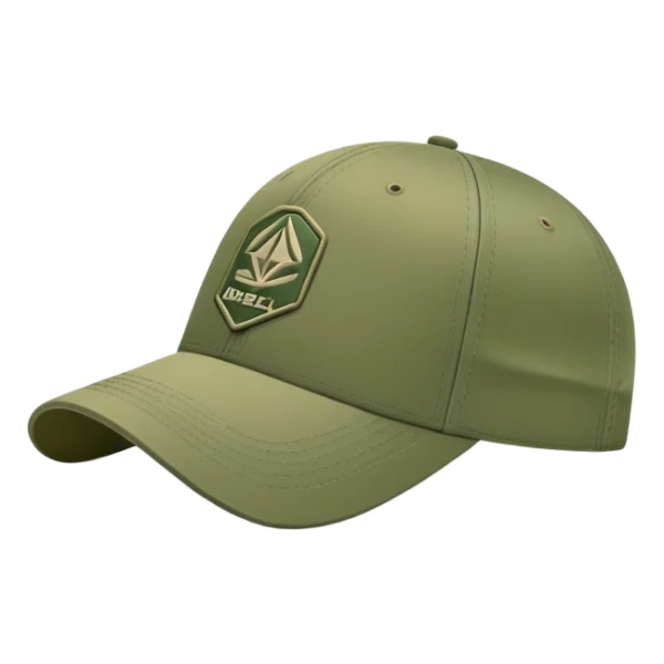 Army green Diesel cap, baseball hat with Diesel brand logo visible, khaki colored headwear, side view sticker