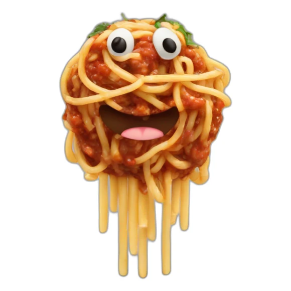 Spaghetti and meatballs with a face, arms and legs, doing something random sticker