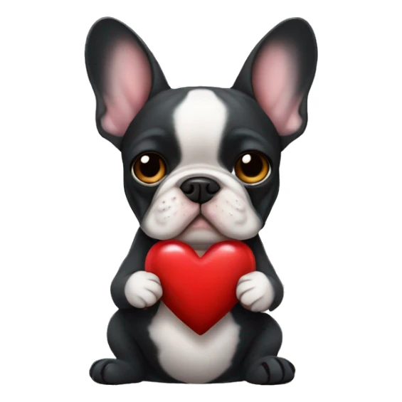 French bulldog dark holding a heart sticker