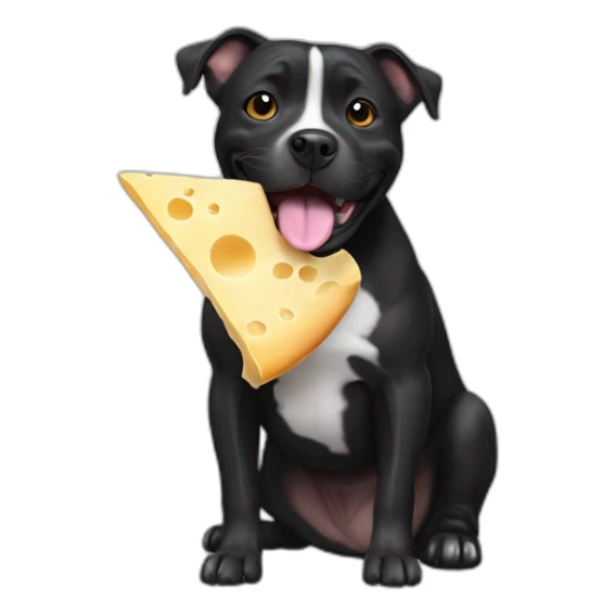 black staffie dog eating cheese sticker