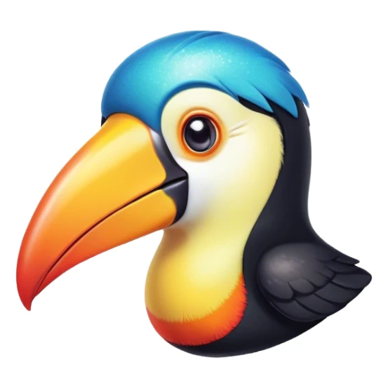 Cinematic Cute Toucan Portrait Emoji, Head tilted playfully and inquisitively, with a delightfully vibrant beak and round, sparkling eyes filled with tropical charm, Simplified yet irresistibly adorable features, highly detailed, glowing with a warm, inviting tropical glow, high shine, affectionate and lively, stylized with a touch of whimsical exotic flair, soft glowing outline, capturing the essence of a mischievous yet loving toucan that seems as if it could flutter out of the screen into your arms! sticker