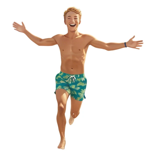 A white man running into the ocean with arms wide open, embracing the waves and the moment. The sun shines warmly, and the water sparkles, symbolizing the joy of creating fun and appreciating life’s simple moments. Their footprints in the sand fade as they fully immerse themselves in the present. sticker