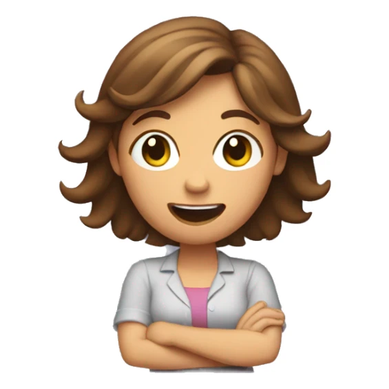 Female with brown hair shrugging with her arms up while laughing  sticker