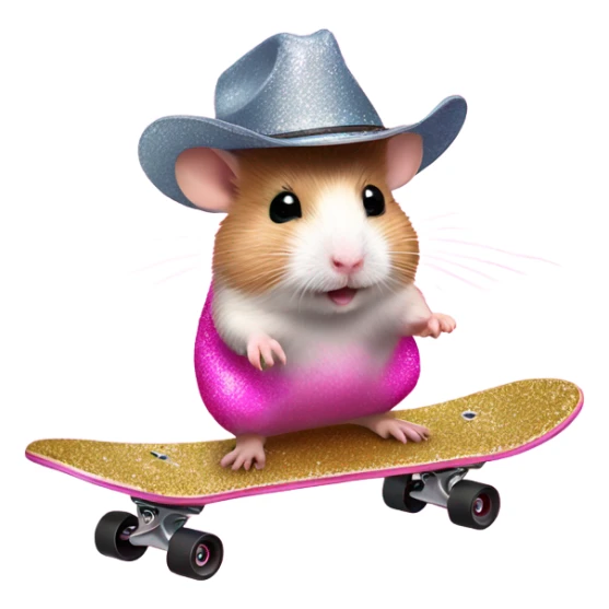 Pink ombre hamster riding a skateboard with glitter and cowboy hat sticker