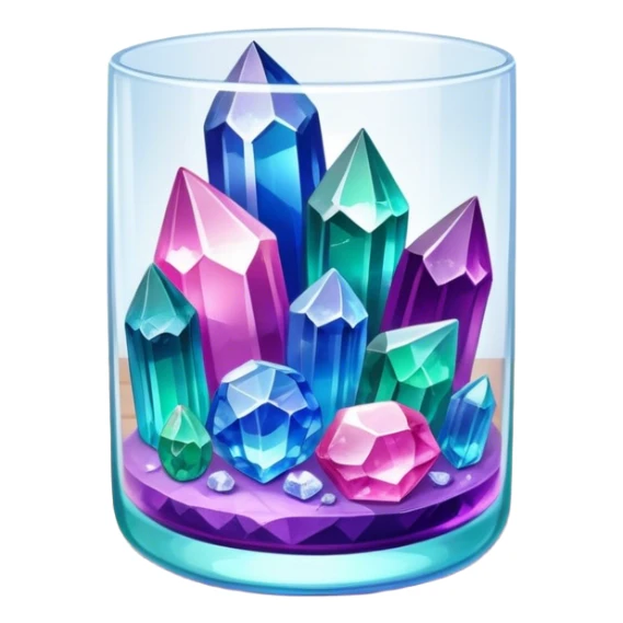Close-up of vibrant, multicolored crystals growing in a glass container on a wooden table. Crystals in shades of purple, blue, green, pink, and clear are forming in various shapes and sizes. Soft light shines on them. Cozy indoor setting with plants and soft decor in the background. sticker