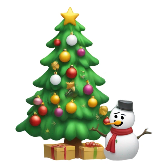 Christmas tree with snow man putting on ornaments  sticker